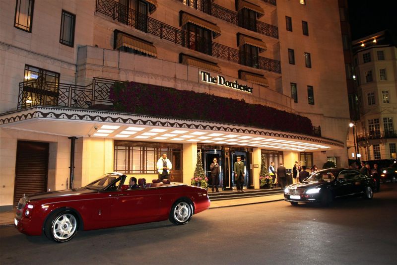 The Dorchester hotel exterior at night